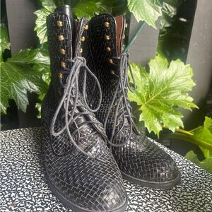 Black Woven Jeffrey Campbell Leather Combat Boots Size 9